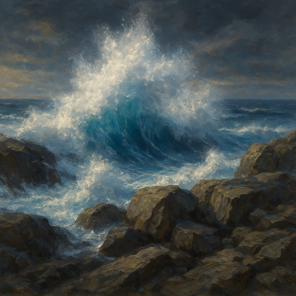 Dramatic Storm Waves on Crashing Granite Rocks No. 10 Fine Art Oil Painting - View 1