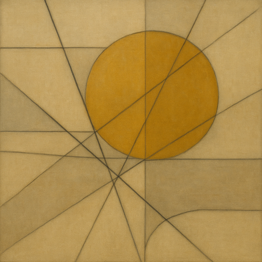 Abstract Tangent Lines & Earthy Ochre Disc No. 11 Oil Painting 100% Hand Painted Oil on Belgian Linen Canvas, Original Fine Art Wall Decor