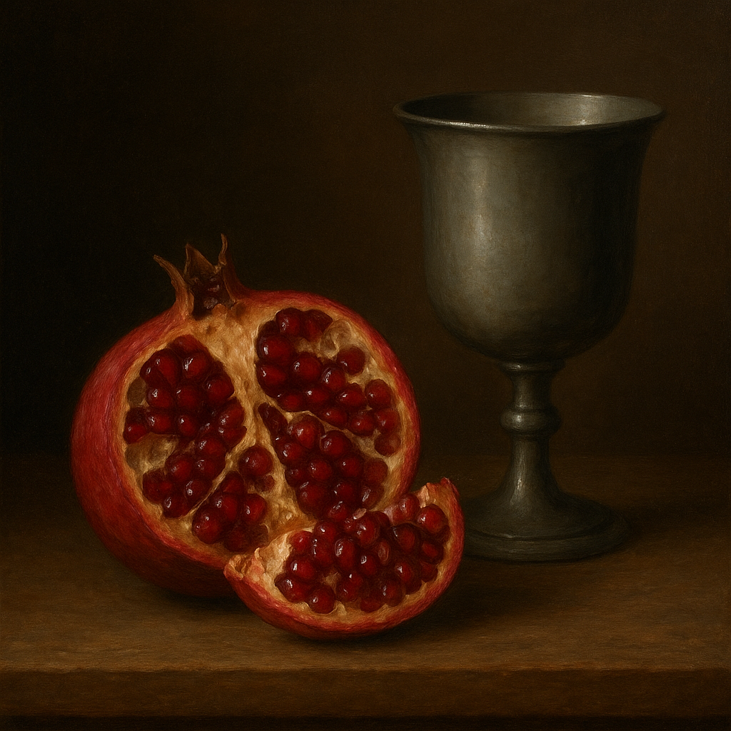 Pomegranate & Vintage Pewter Goblet No. 10 Oil Painting - View 1