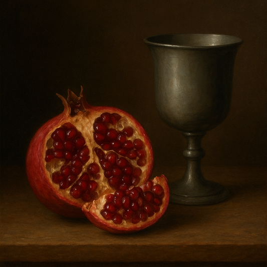 Pomegranate & Vintage Pewter Goblet No. 10 Oil Painting 100% Hand Painted Oil on Belgian Linen Canvas, Original Fine Art Wall Decor