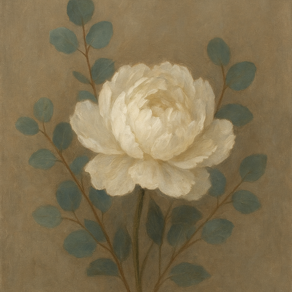 Eucalyptus & White Peony Minimalist Flora No. 9 Fine Art Oil Painting - View 1