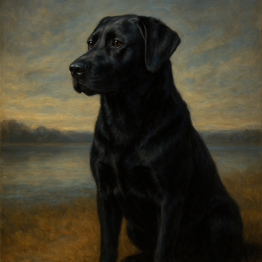 Black Labrador Retriever by Misty Lake Horizon No. 13 Fine Art Oil Painting - View 1