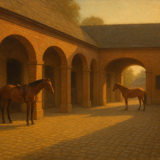 Equestrian Stable Courtyard in Late Afternoon No. 17 Oil Painting 100% Hand Painted Oil on Belgian Linen Canvas, Original Fine Art Wall Decor