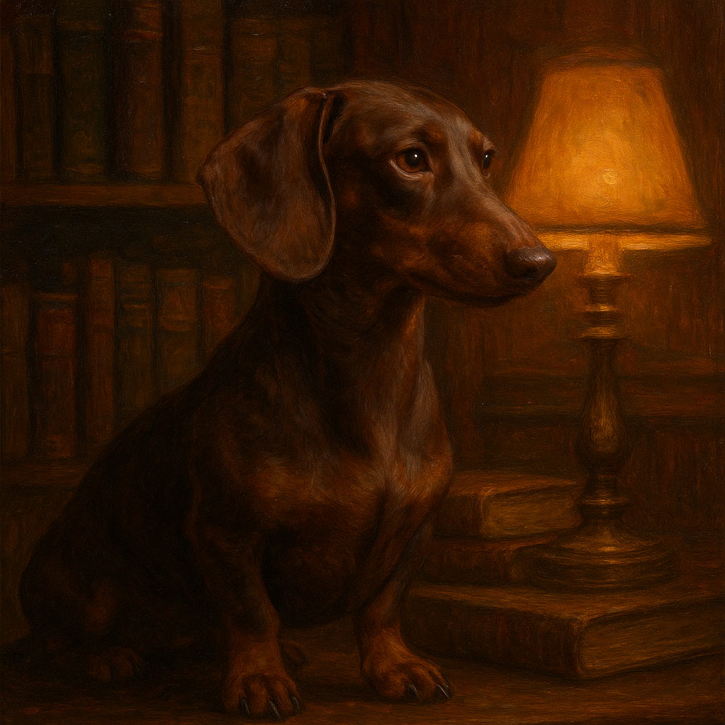 Smooth Dachshund in Moody Library Study No. 11 Fine Art Oil Painting - View 1