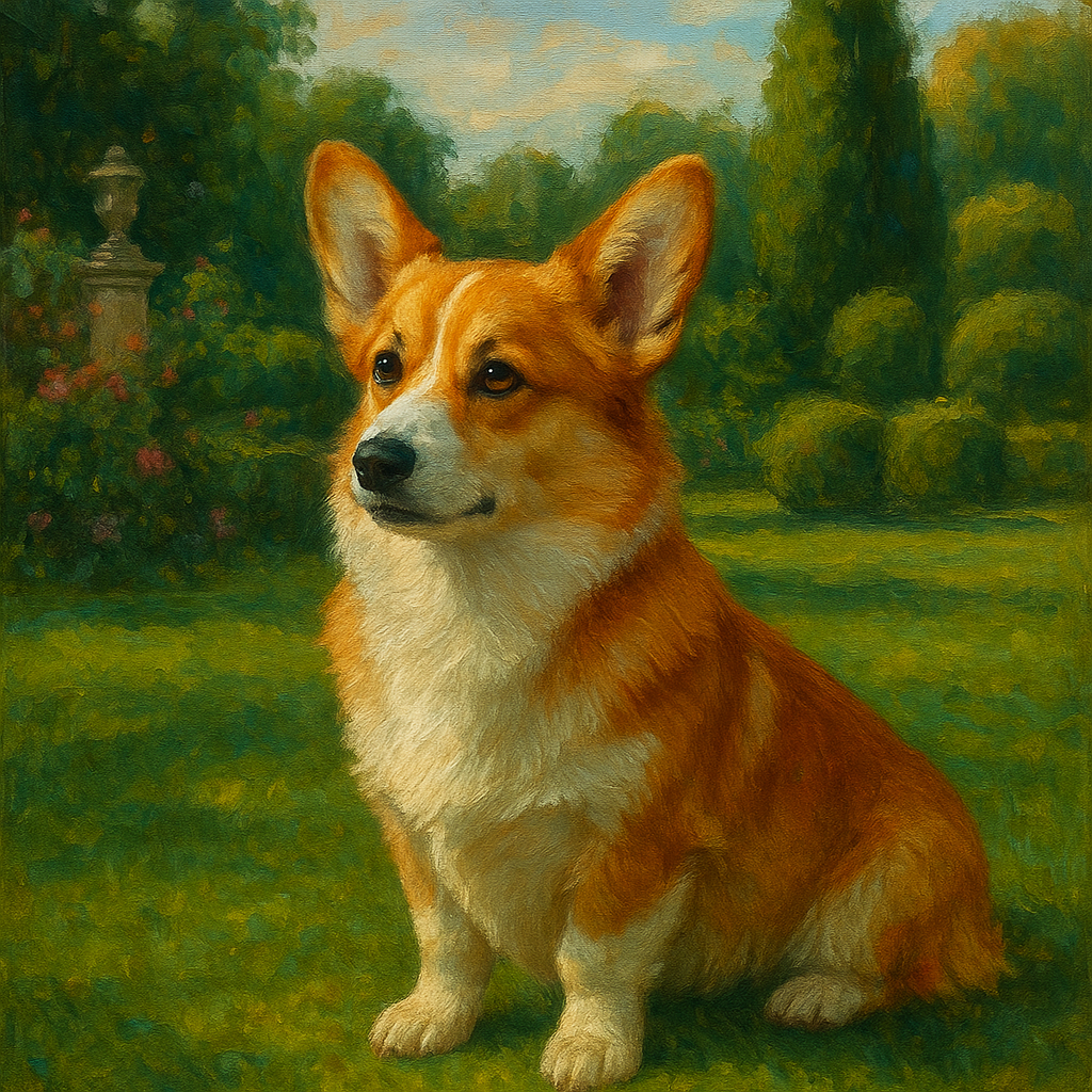 Pembroke Welsh Corgi in Royal English Garden No. 14 Fine Art Oil Painting - View 1