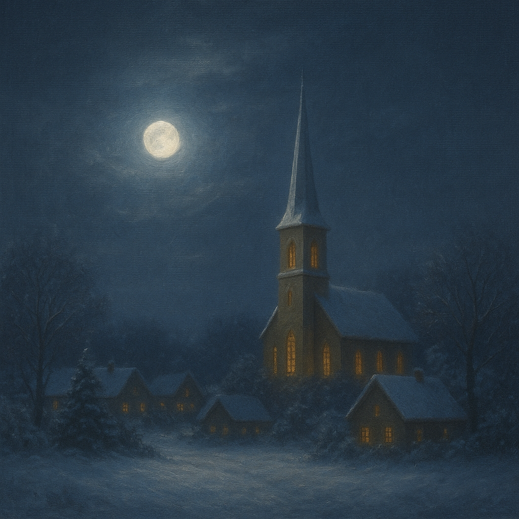 Moonlight Over Snowy Village Steeple No. 3 Oil Painting - View 1