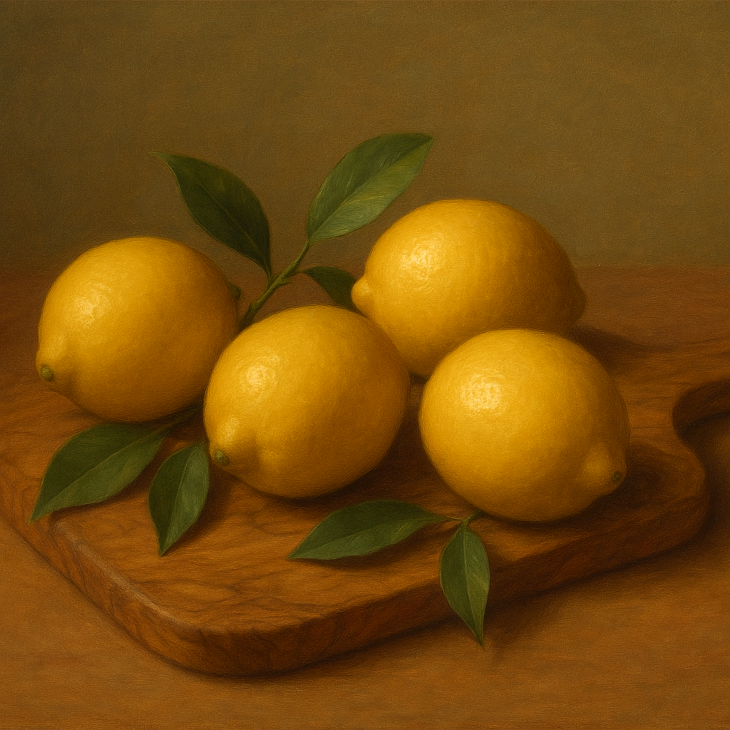 Meyer Lemons on Olive Wood Board No. 10 Oil Painting - View 1