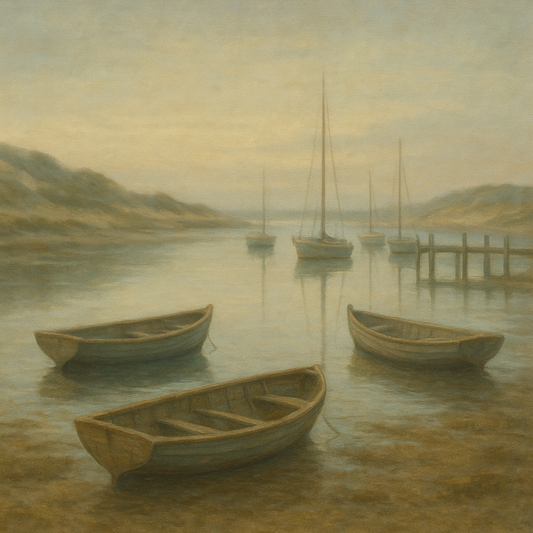 Quiet Fishing Harbor at Morning Low Tide No. 2 Oil Painting 100% Hand Painted Oil on Belgian Linen Canvas, Original Fine Art Wall Decor