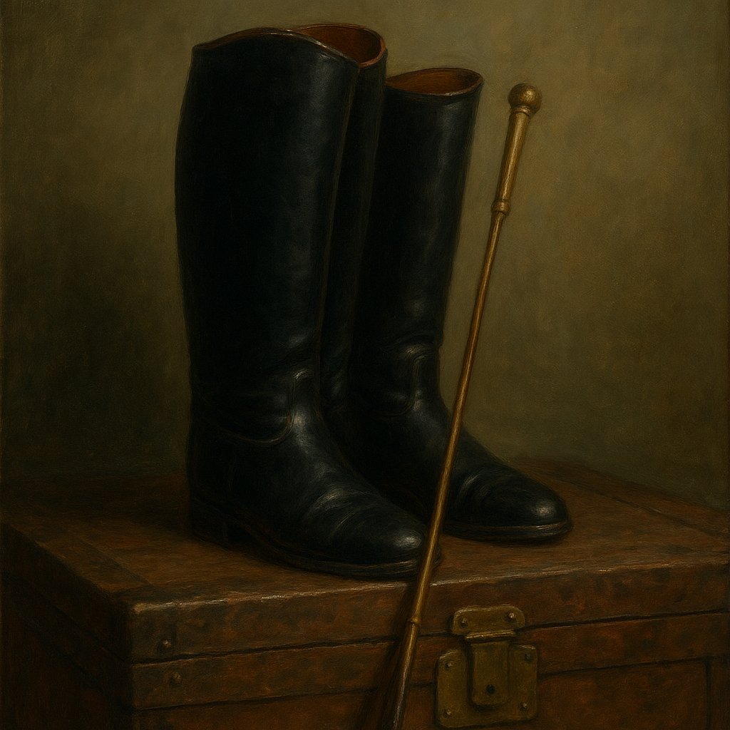 Vintage Riding Boots & Brass Crop on Trunk No. 11 Oil Painting - View 1