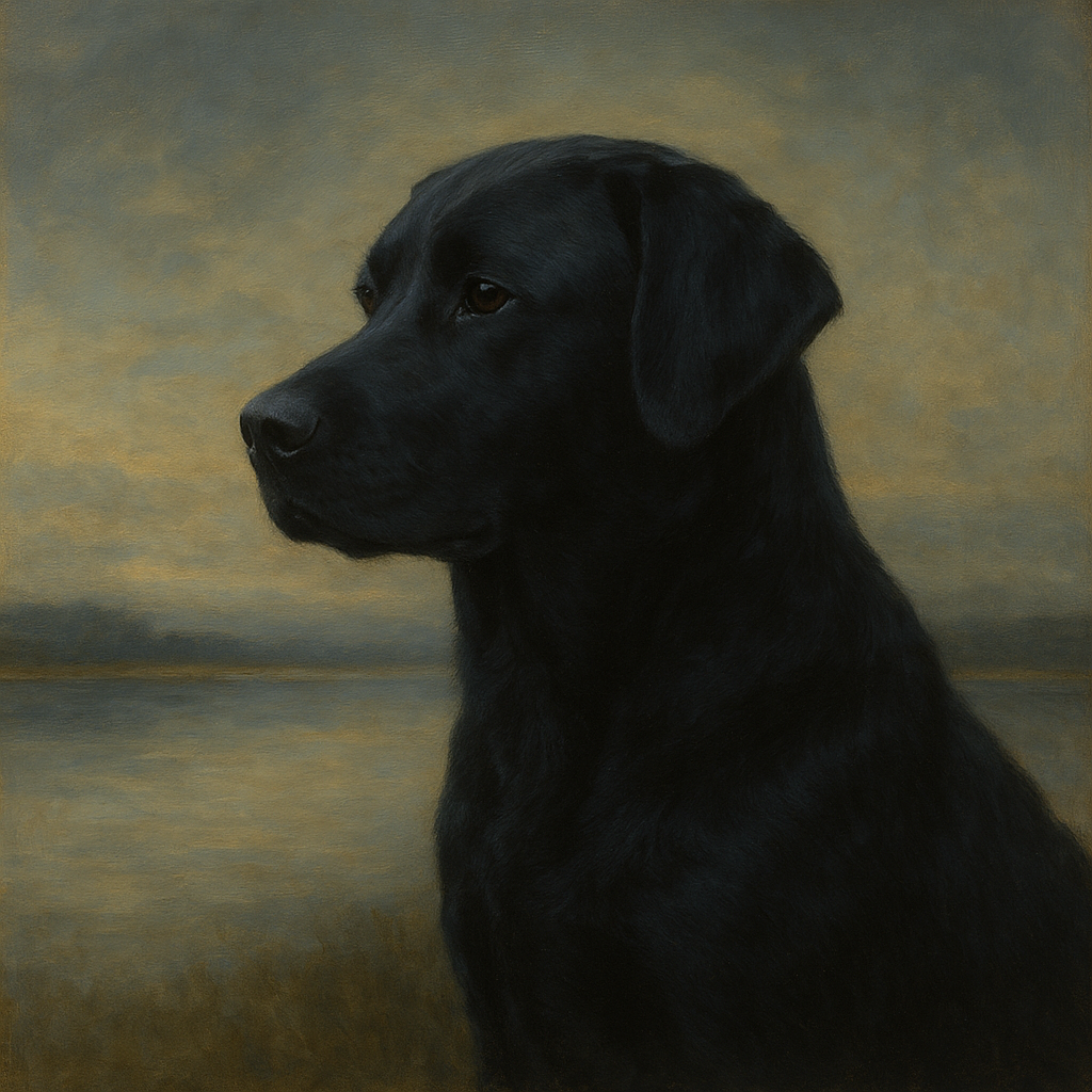 Black Labrador Retriever by Misty Lake Horizon No. 6 Fine Art Oil Painting - View 1