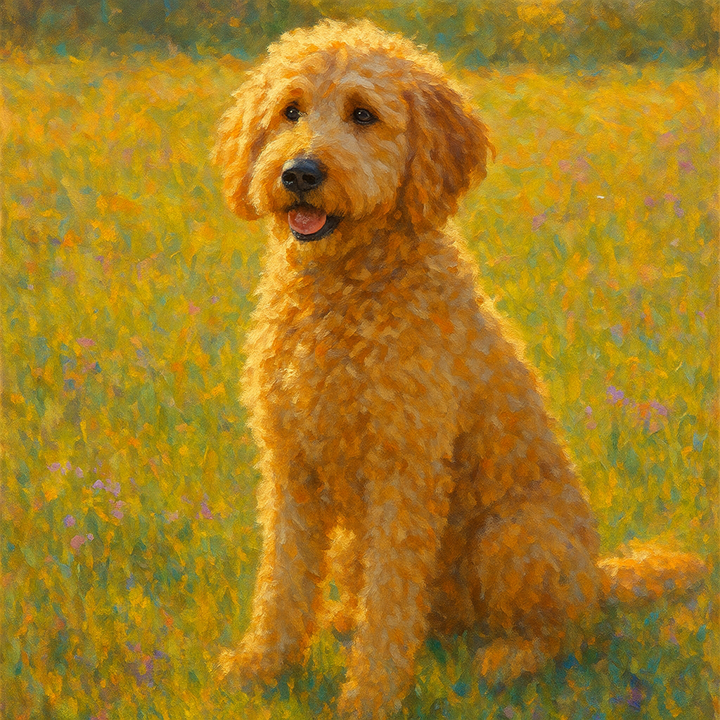 Fluffy Goldendoodle in Sun-Drenched Meadow No. 11 Fine Art Oil Painting - View 1