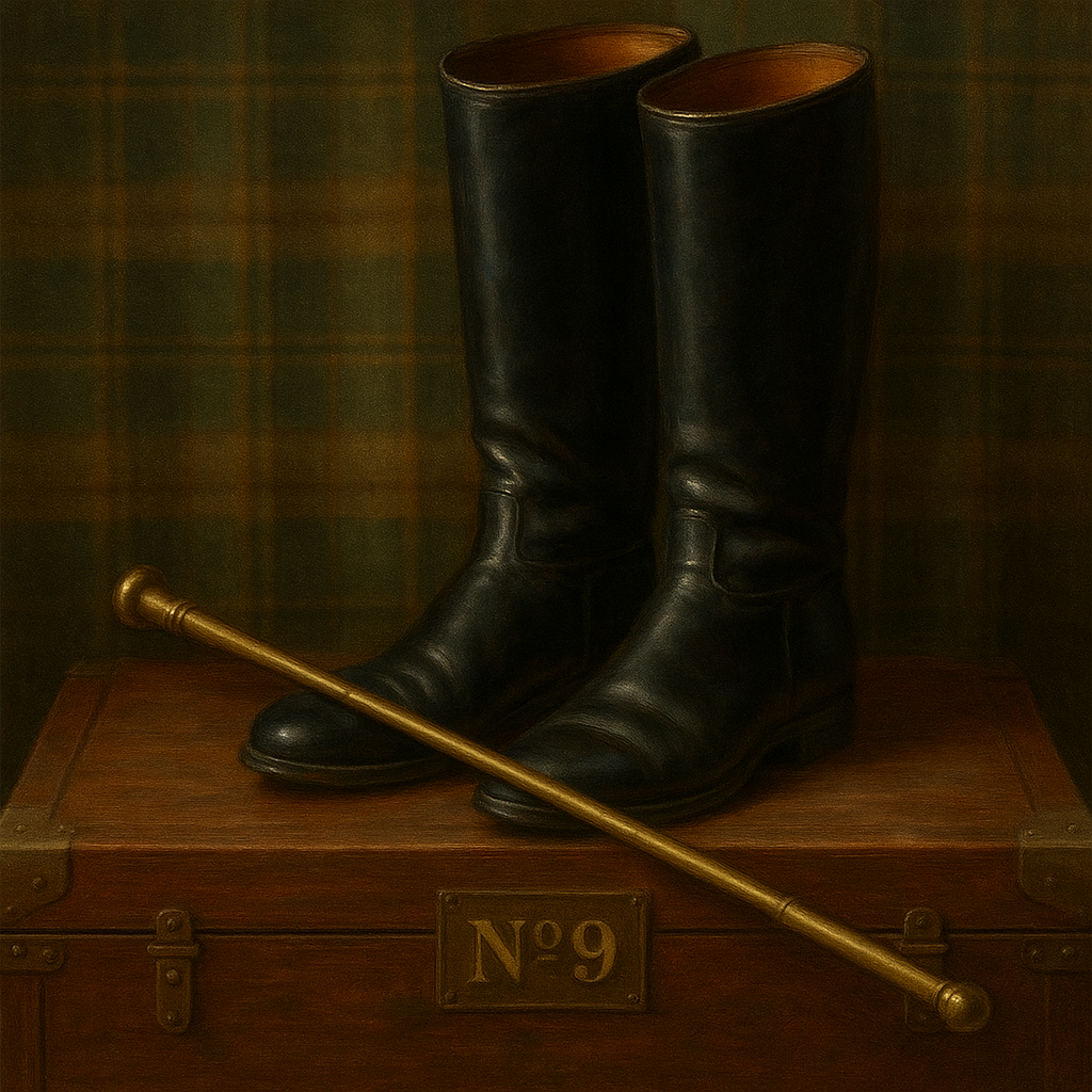 Vintage Riding Boots & Brass Crop on Trunk No. 9 Oil Painting 100% Hand Painted Oil on Belgian Linen Canvas, Original Fine Art Wall Decor