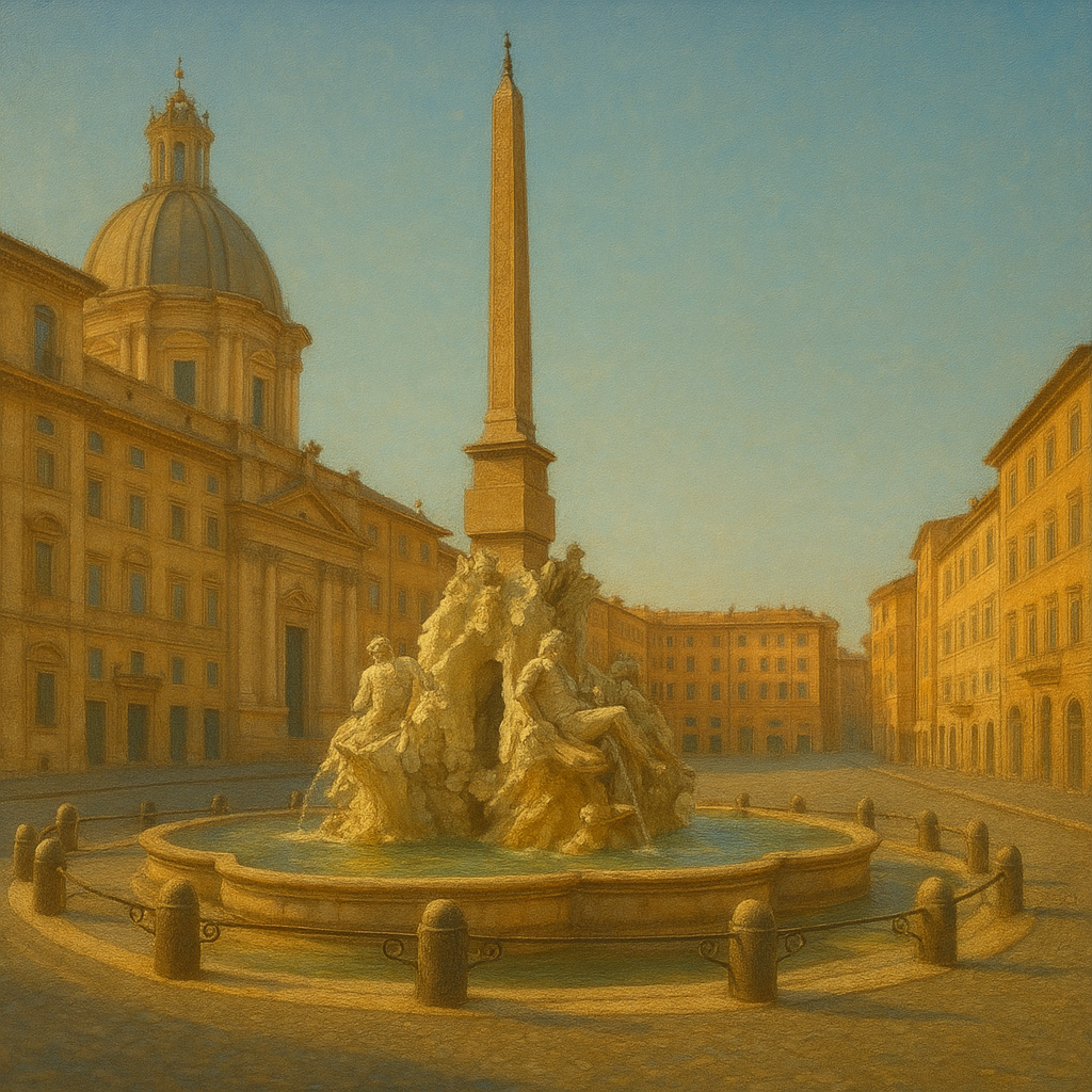 Rome Piazza Fountain in Morning Sunlight No. 25 Oil Painting - View 1