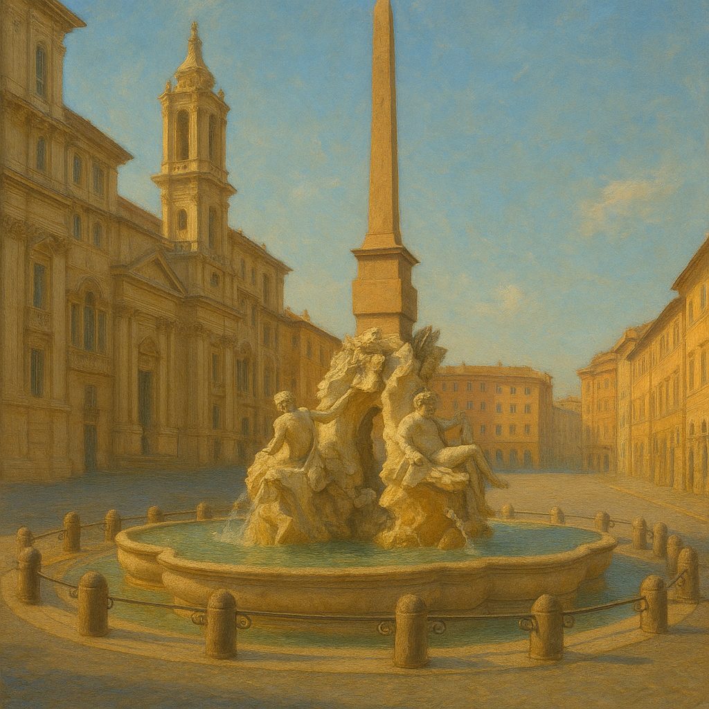 Rome Piazza Fountain in Morning Sunlight No. 12 Oil Painting - View 1