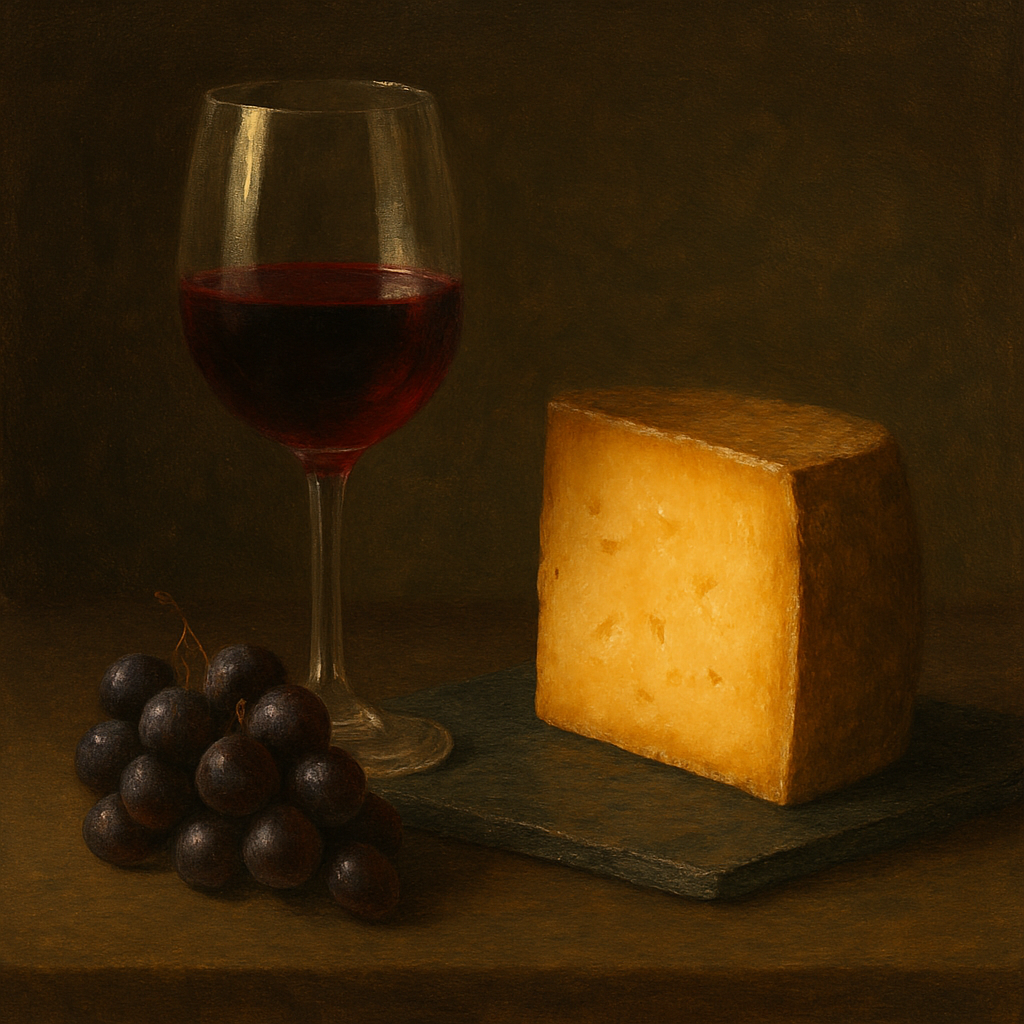 Burgundy Wine Glass & Aged Cheese Board No. 9 Oil Painting - View 1