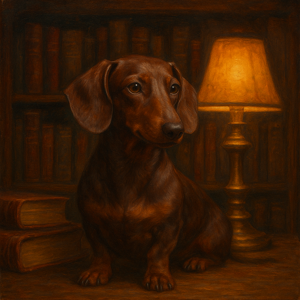 Smooth Dachshund in Moody Library Study Fine Art Oil Painting - View 1
