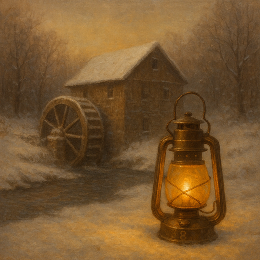 Snowy Mill Stream & Glowing Lantern No. 8 Oil Painting 100% Hand Painted Oil on Belgian Linen Canvas, Original Fine Art Wall Decor