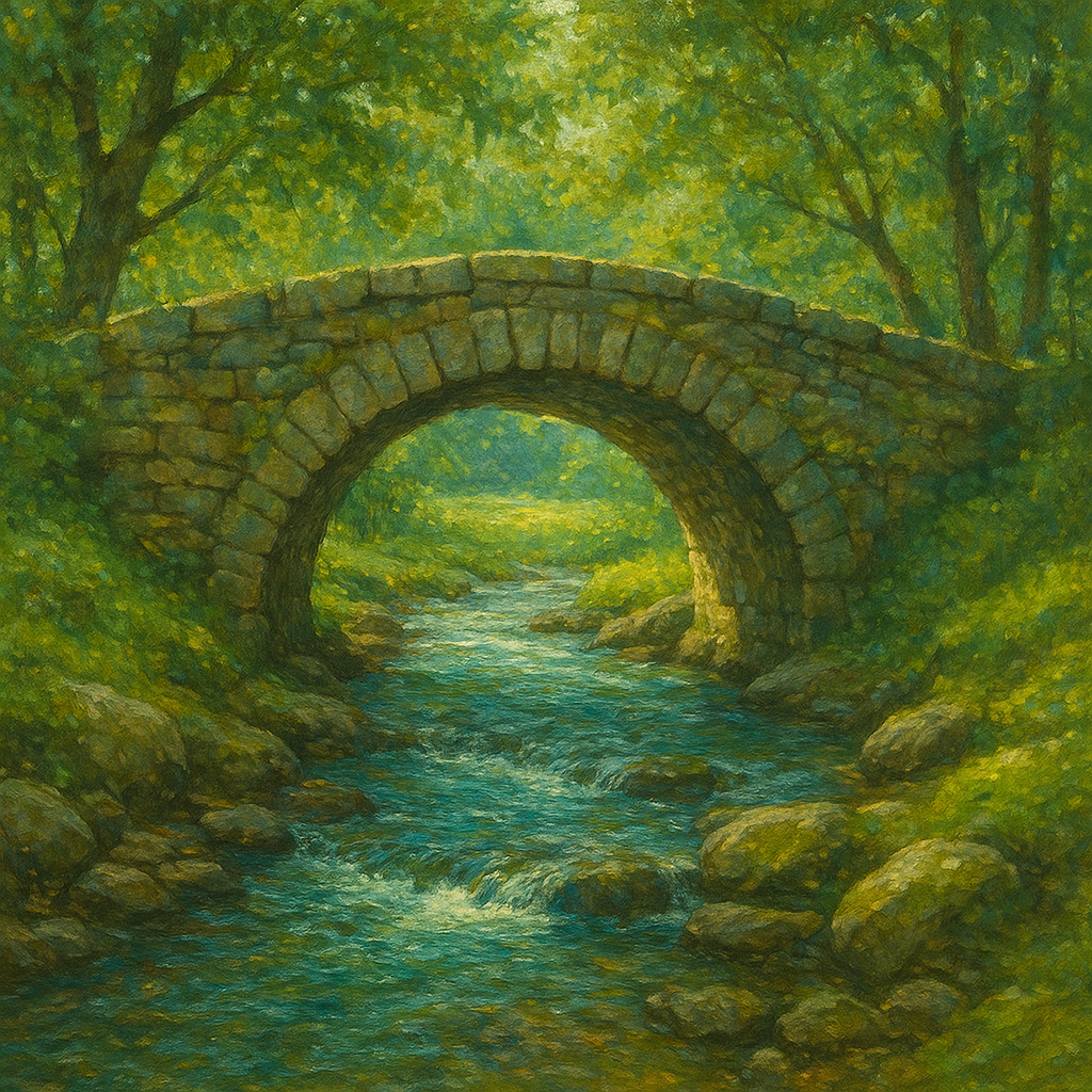 Old Stone Bridge over Bubbling Country Stream No. 4 Fine Art Oil Painting - View 1