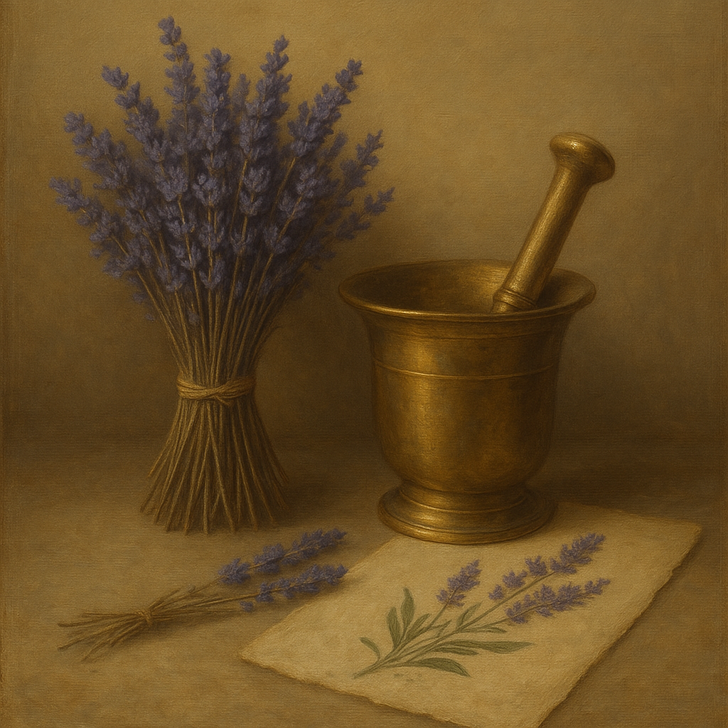 Lavender Herbarium & Mortar Study No. 3 Oil Painting - View 1