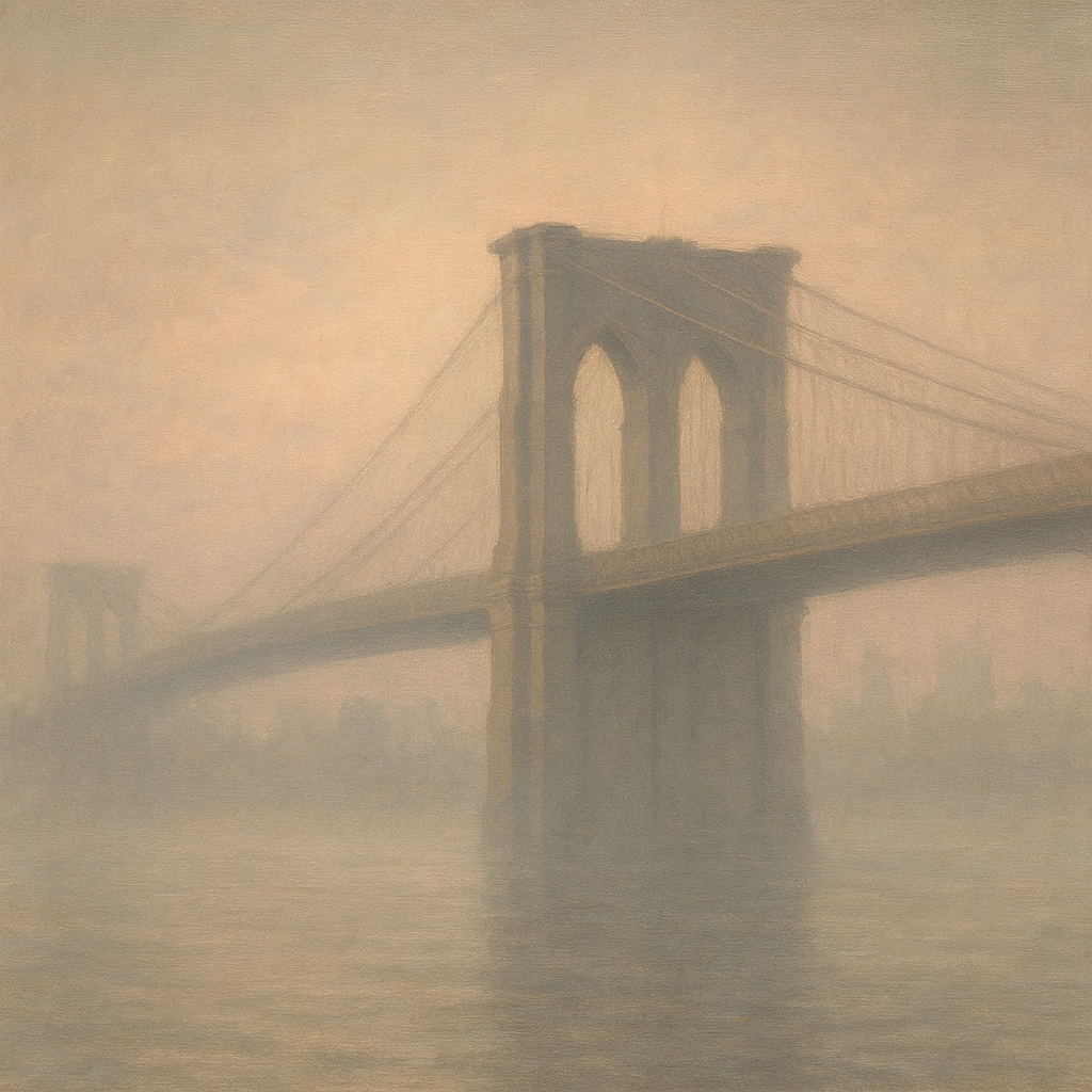 Brooklyn Bridge in Morning River Mist No. 2 Oil Painting - View 1