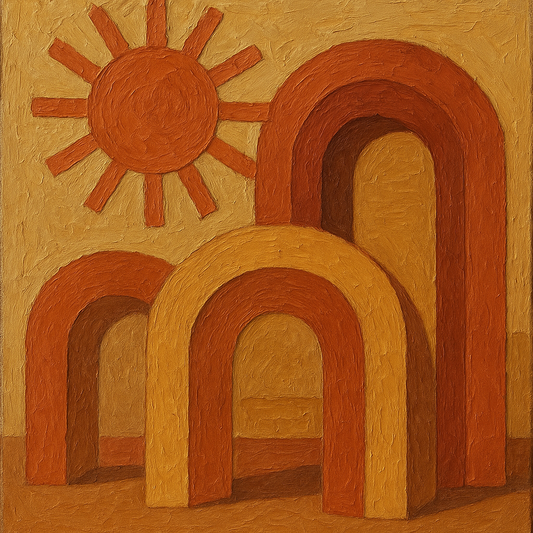 Mid-Century Terracotta Sun & Arches No. 2 Oil Painting - 100% Hand-Painted Master Oil Painting