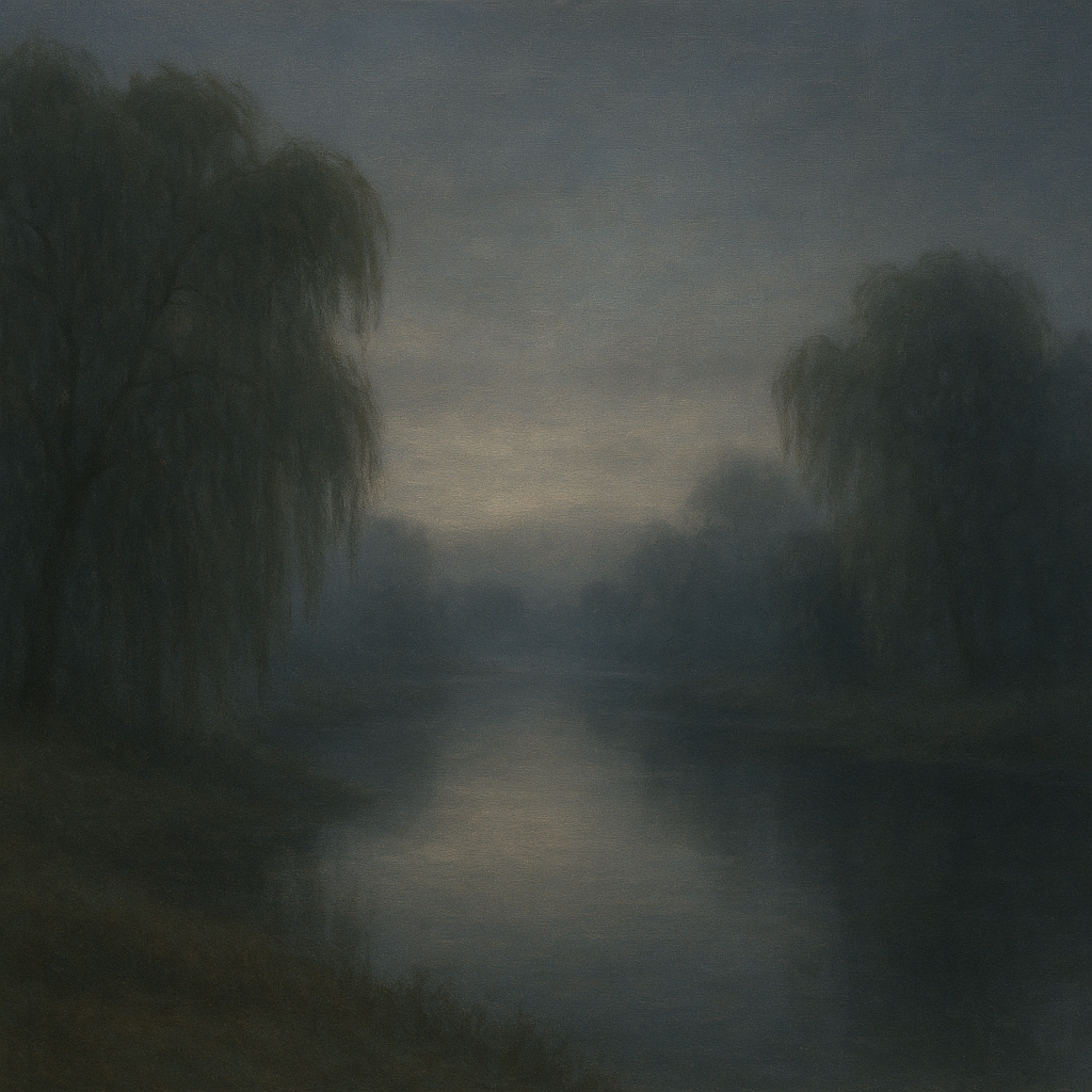Tranquil Riverbank at Twilight Mist Oil Painting - View 1
