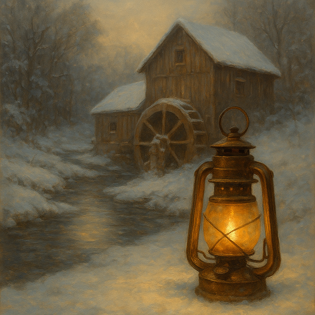 Snowy Mill Stream & Glowing Lantern No. 2 Oil Painting - View 1