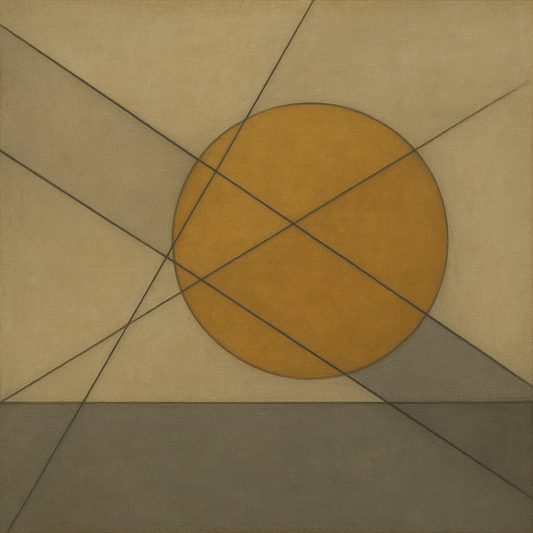 Abstract Tangent Lines & Earthy Ochre Disc No. 24 Oil Painting 100% Hand Painted Oil on Belgian Linen Canvas, Original Fine Art Wall Decor