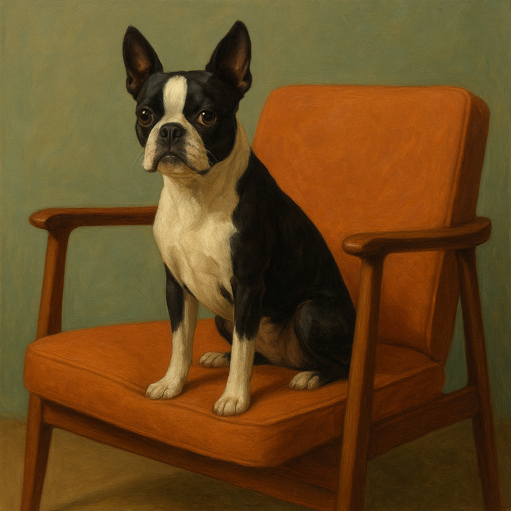 Boston Terrier in Warm Mid-Century Armchair No. 4 Fine Art Oil Painting - View 1