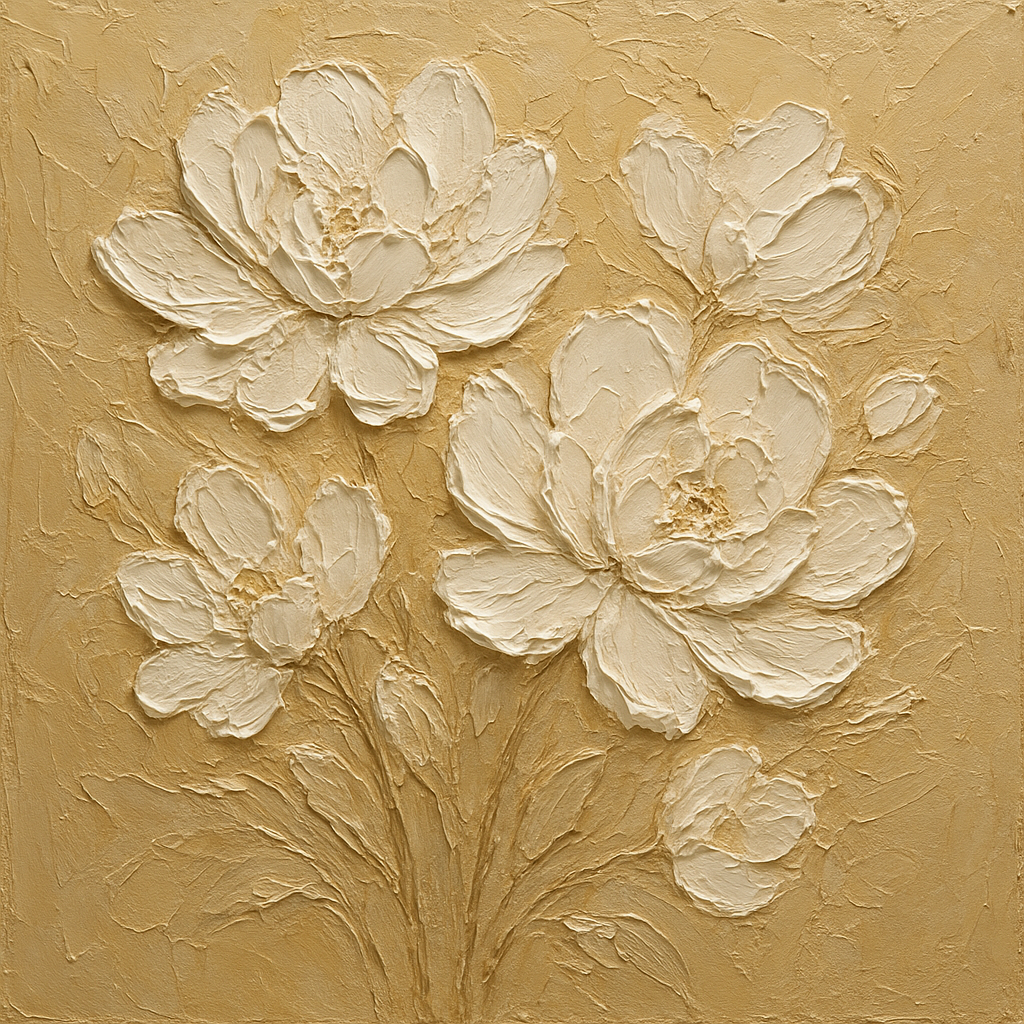 Sculptural White Flora Textured Impasto Oil Painting - 100% Hand-Painted Master Oil Painting