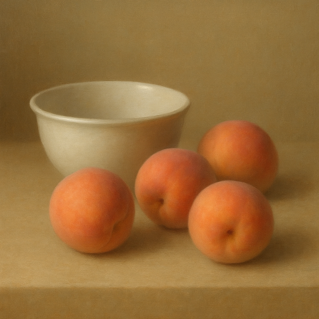 Heirloom Peaches & White Ceramic Bowl No. 10 Oil Painting - View 1