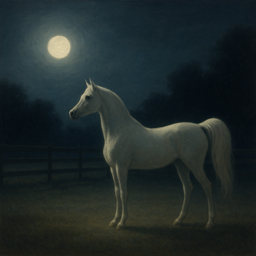 Moonlit Paddock with White Arabian Silhouette No. 9 Oil Painting 100% Hand Painted Oil on Belgian Linen Canvas, Original Fine Art Wall Decor