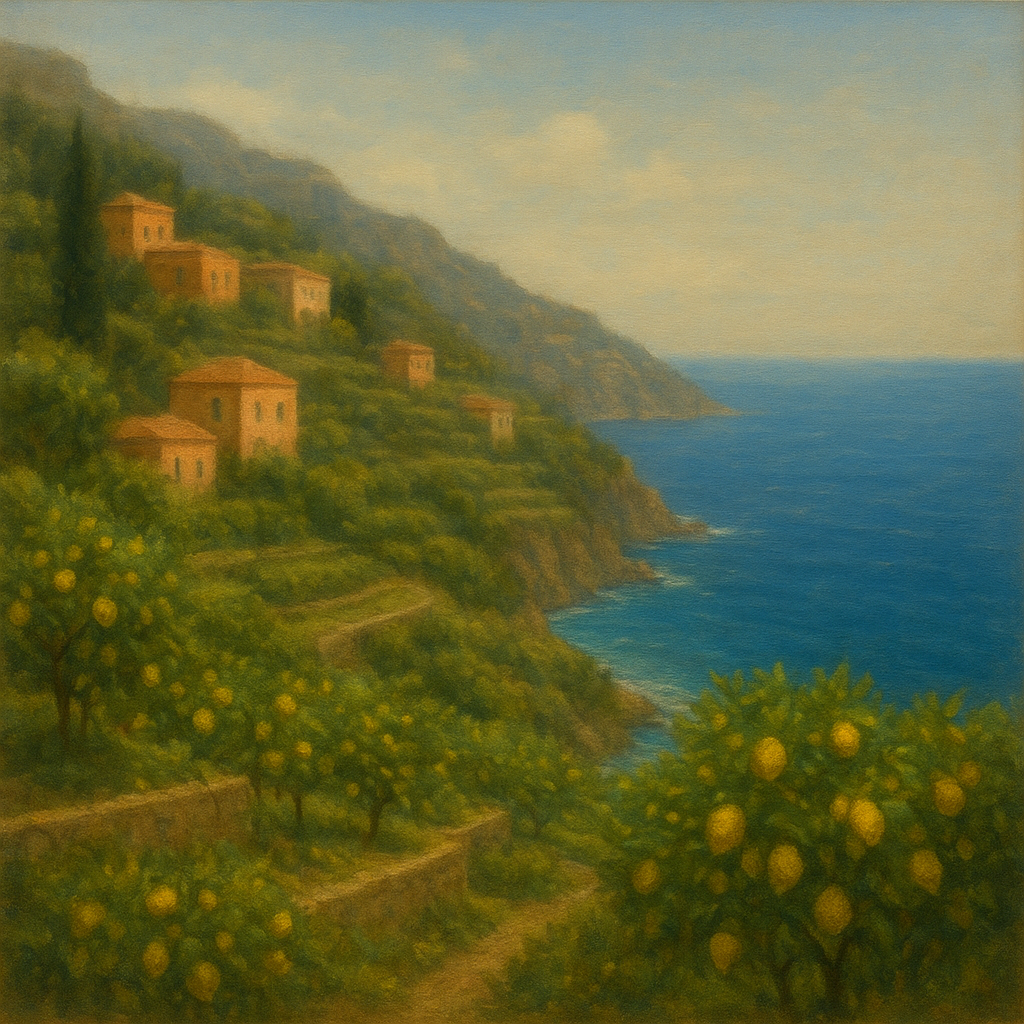 Italian Amalfi Coastline Terraces & Lemon Grove No. 6 Oil Painting - View 1