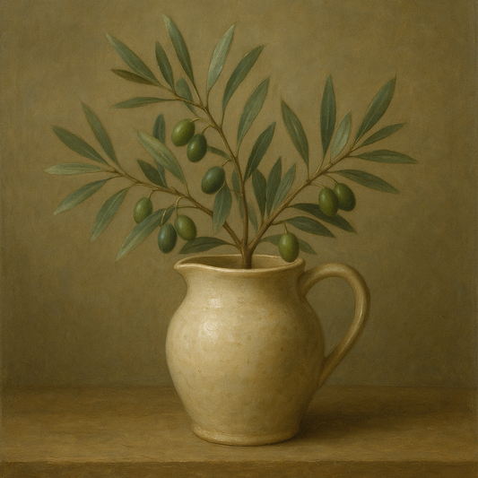Wild Olive Sprigs in Stoneware Pitcher No. 7 Oil Painting 100% Hand Painted Oil on Belgian Linen Canvas, Original Fine Art Wall Decor