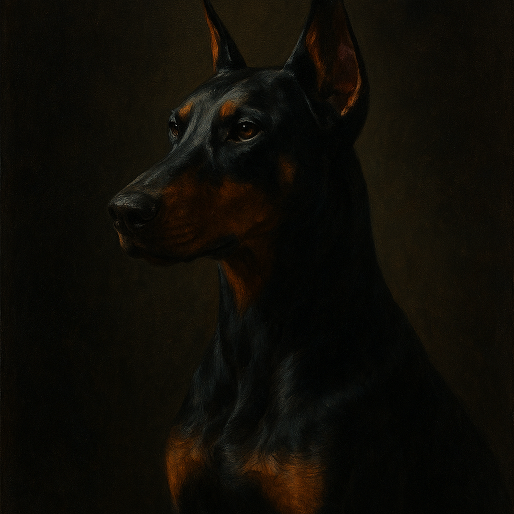Alert Doberman Pinscher in Shadow & Light No. 5 Fine Art Oil Painting - View 1