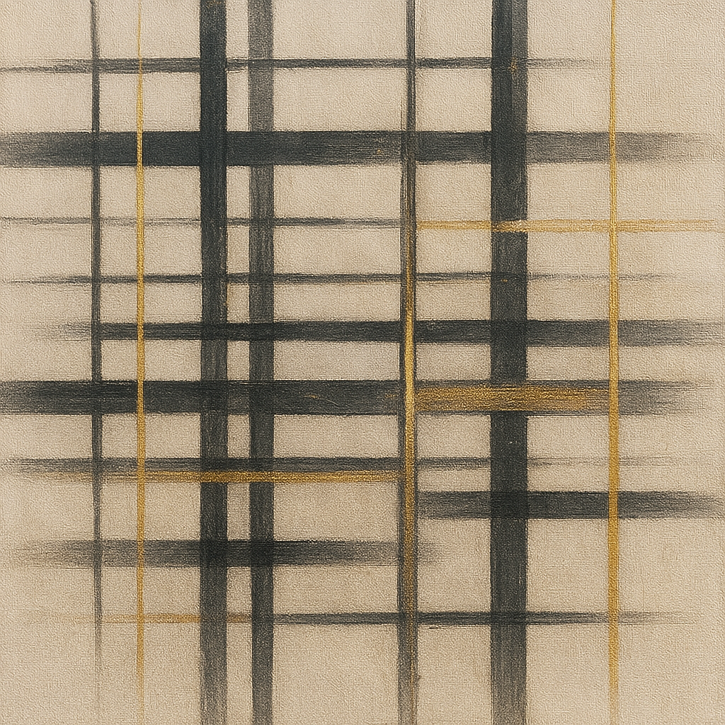 Abstract Woven Line Matrix in Charcoal & Gold No. 15 Fine Art Oil Painting - View 1