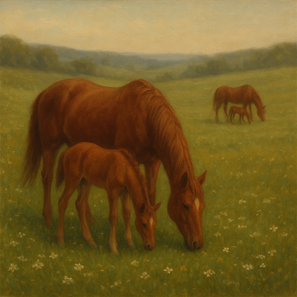 Mares & Foals Grazing in Rolling Meadow No. 12 Oil Painting - View 1