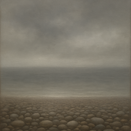 Overcast Coastal Fog & Wet Pebble Shingle No. 4 Oil Painting 100% Hand Painted Oil on Belgian Linen Canvas, Original Fine Art Wall Decor