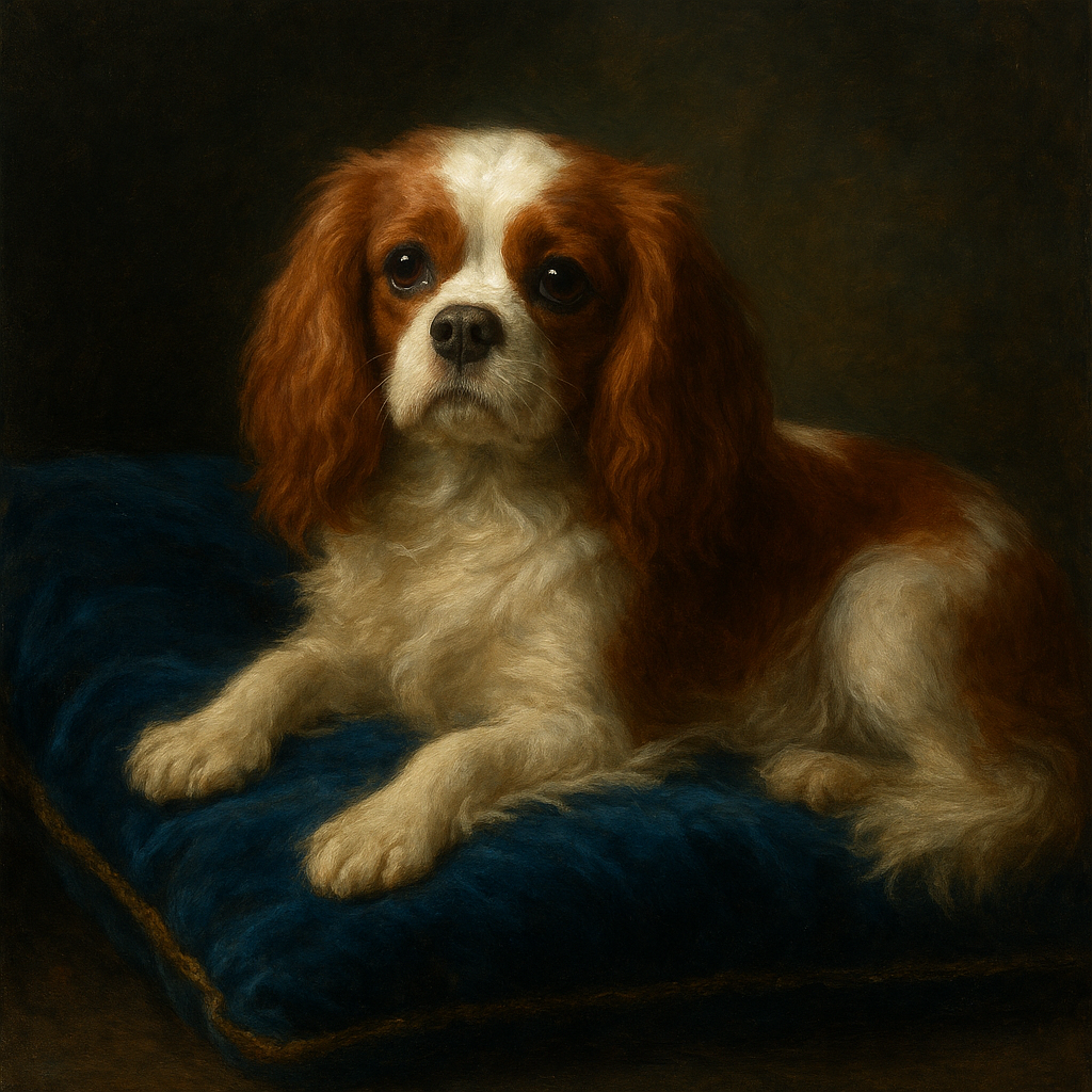 Cavalier King Charles Spaniel on Velvet Cushion No. 8 Fine Art Oil Painting - View 1