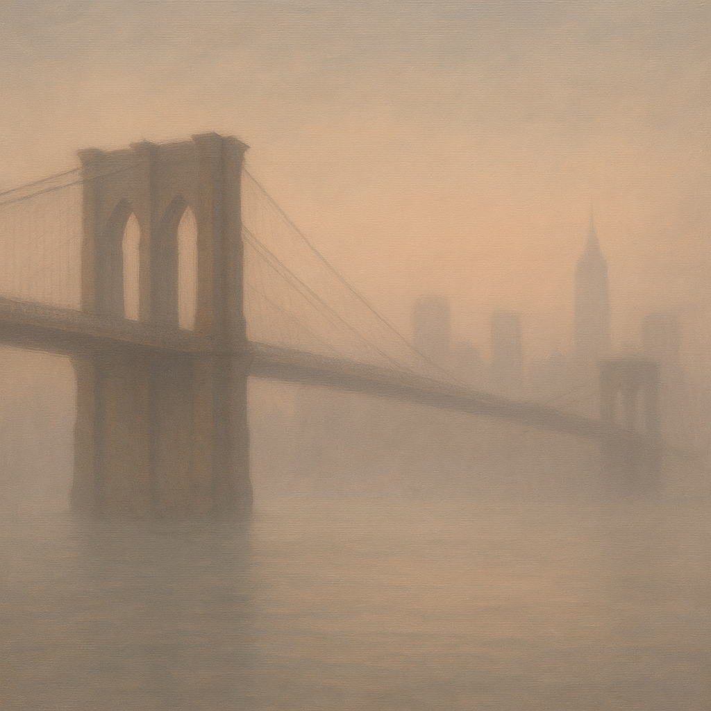 Brooklyn Bridge in Morning River Mist No. 4 Oil Painting - View 1