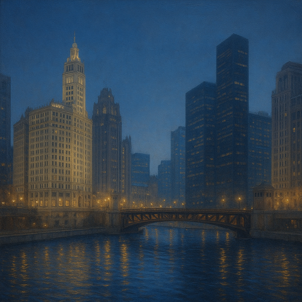 Chicago Riverfront Architecture at Blue Hour No. 3 Oil Painting - View 1