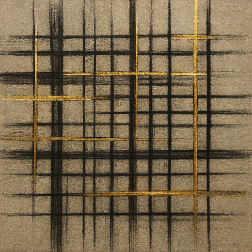 Abstract Woven Line Matrix in Charcoal & Gold No. 5 Fine Art Oil Painting - View 1