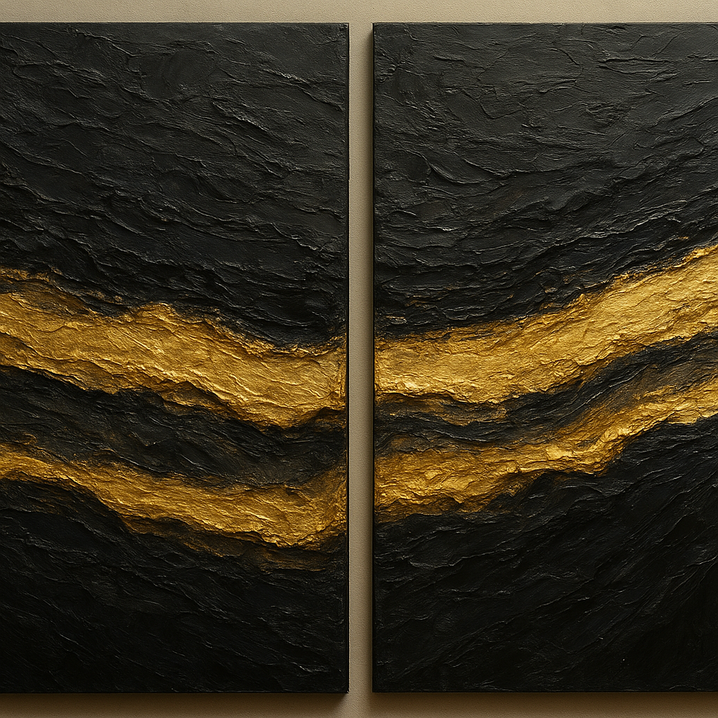 Basalt & Gold Mineral Diptych No. 3 Oil Painting 100% Hand Painted Oil on Belgian Linen Canvas, Original Fine Art Wall Decor