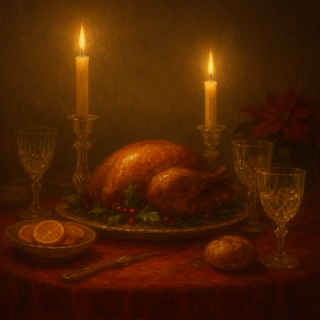 Candlelit Holiday Table & Vintage Glassware No. 8 Oil Painting - View 1