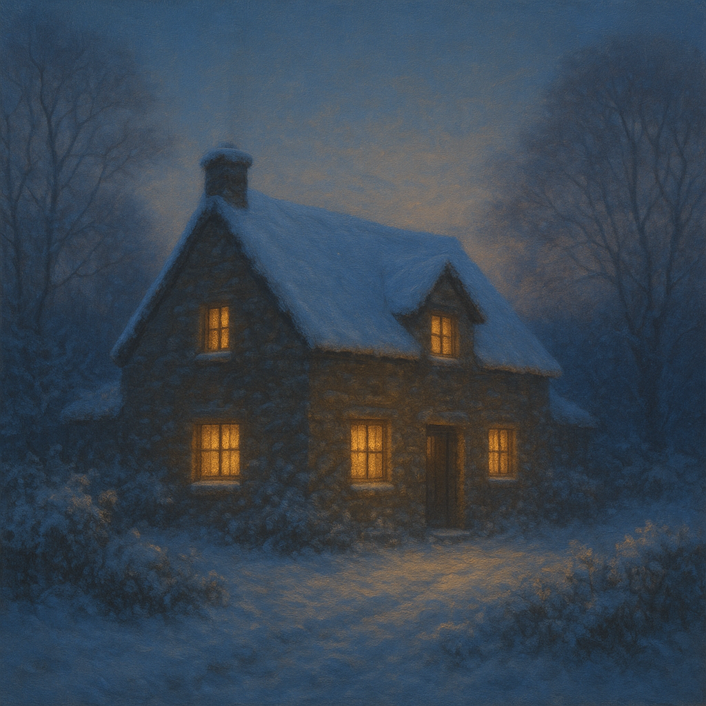 Snow-Dusted Stone Cottage at Twilight No. 10 Oil Painting - View 1
