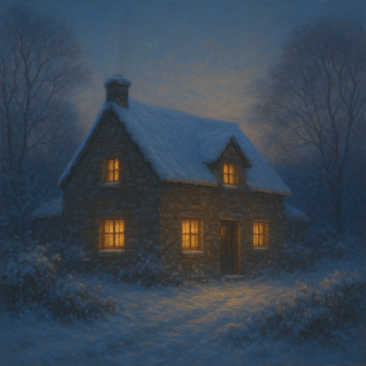 Snow-Dusted Stone Cottage at Twilight No. 10 Oil Painting 100% Hand Painted Oil on Belgian Linen Canvas, Original Fine Art Wall Decor