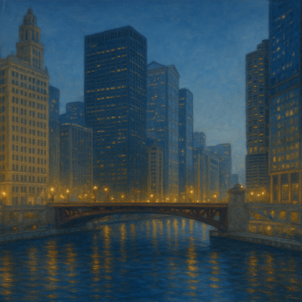 Chicago Riverfront Architecture at Blue Hour No. 7 Oil Painting - View 1
