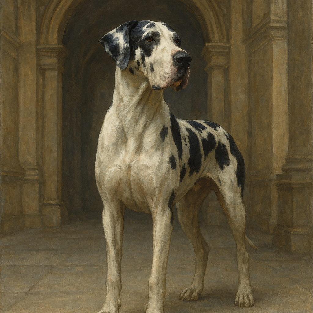 Regal Great Dane in Grand Architectural Hall No. 10 Fine Art Oil Painting - View 1