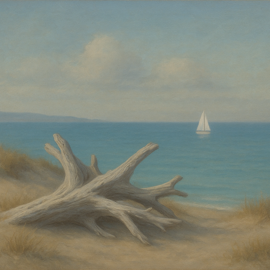 Sun-Bleached Driftwood & Distant Sailboat No. 5 Oil Painting 100% Hand Painted Oil on Belgian Linen Canvas, Original Fine Art Wall Decor
