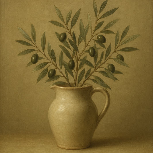 Wild Olive Sprigs in Stoneware Pitcher No. 3 Oil Painting - View 1